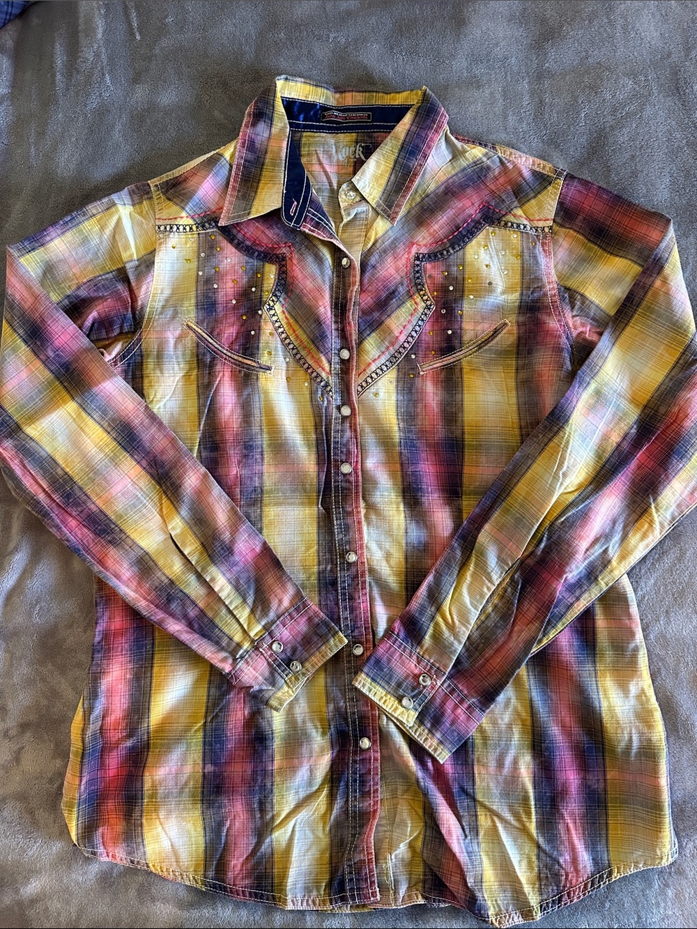 Rock 47 by Wrangler Plaid Rhinestone Pearl Snap Western Shirt M